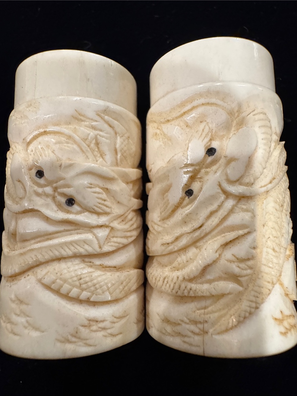 Vintage Set of Carved Faux Ivory (Bone?) Dragon Salt and Pepper Shakers AS-IS